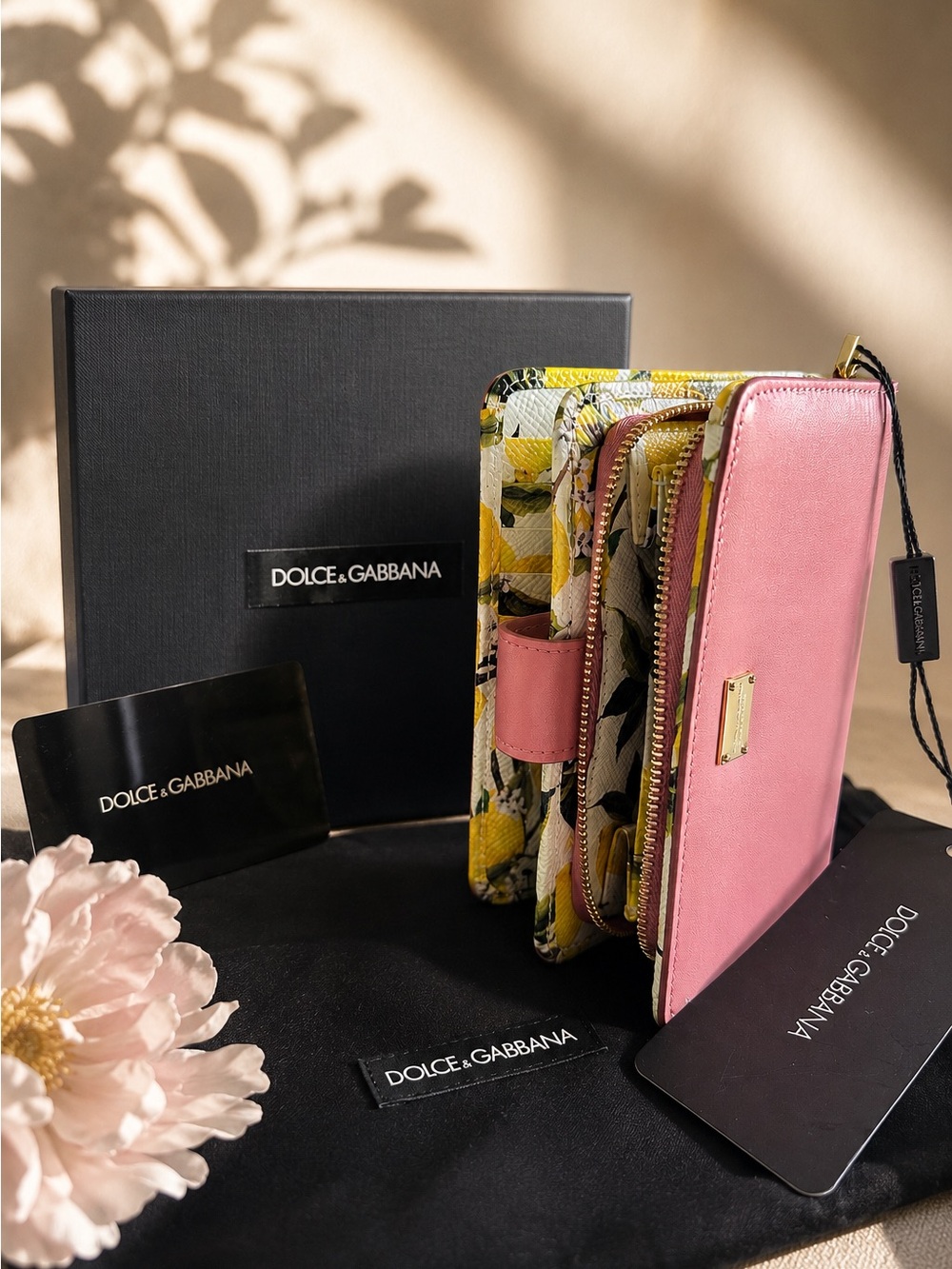 Dolce & Gabbana Pink Leather Zip Wallet with Lemon Floral Panels